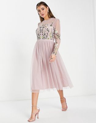 Frock and Frill Bridesmaid midi dress with pleated skirt and embellished top in dusty mauve-Purple
