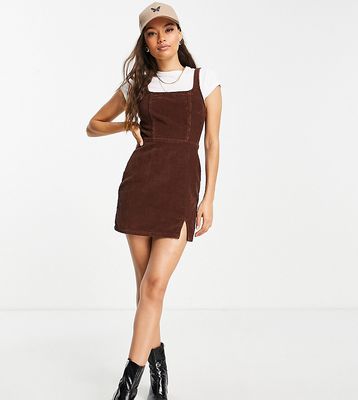 ASOS DESIGN Petite denim fitted pinny dress in chocolate cord-Brown