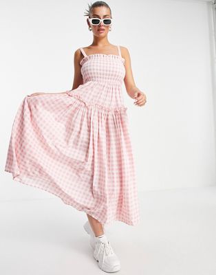 ASOS DESIGN cami midi sundress with raw edges in pink and white gingham-Multi