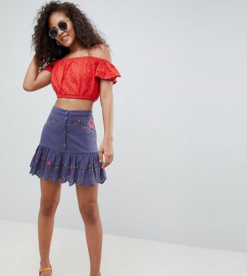 ASOS DESIGN Tall button front embroidered pep hem mini skirt-Blues