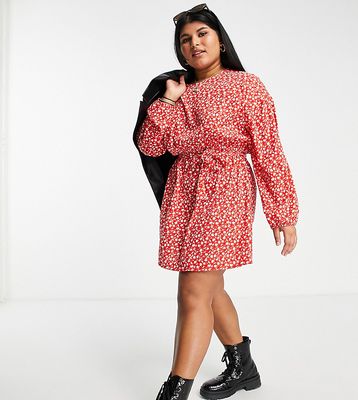 Wednesday's Girl Curve long sleeve tie waist swing dress in red ditsy floral-Black