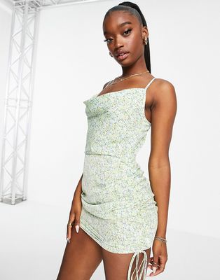 Missguided cowl neck mini dress with ruched side in green
