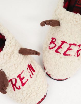 Jack & Jones borg reindeer Christmas slippers in beige-Neutral