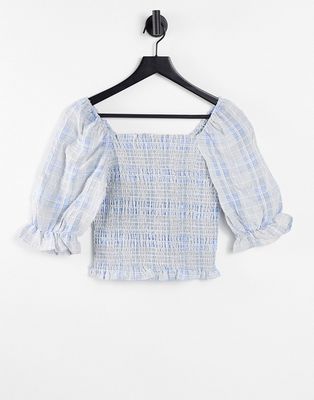 Pieces shirred cropped blouse with puff sleeves in blue check-Blues