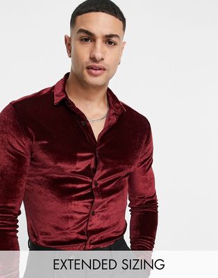 ASOS DESIGN skinny velvet shirt in burgundy-Red