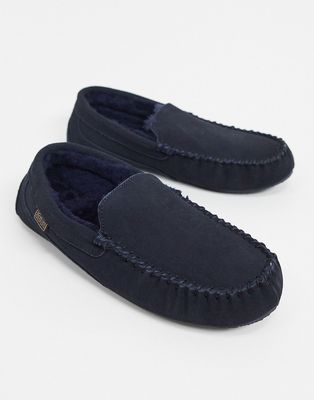 Sheepskin by Totes suede moccasin slippers in navy