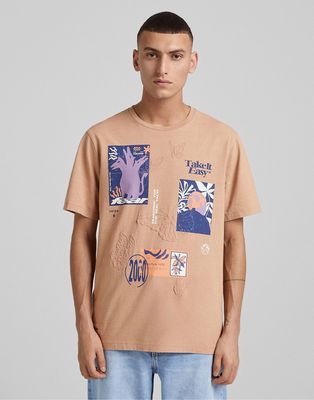 Bershka embossed printed t-shirt in camel-Neutral