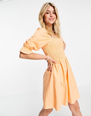 New Look shirred mini dress in peach-Orange