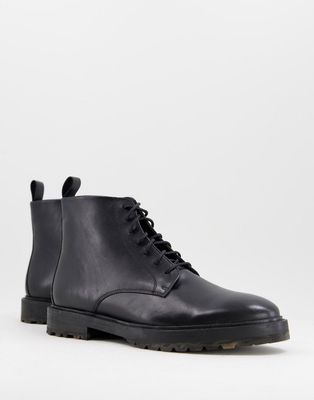 Walk London james camo sole lace up boots in black leather