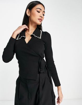 Fashion Union wrap knit cardigan with pearl detail collar-Black
