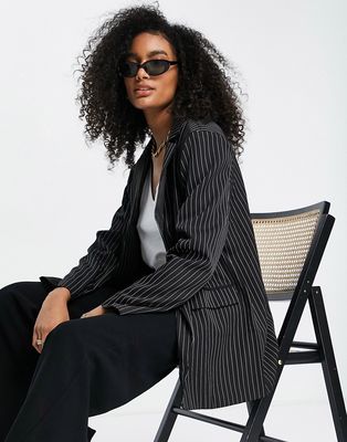 Lola May pin stripe oversized blazer in black