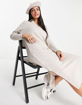 New Look knitted rib collar dress in oatmeal-Neutral