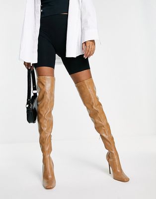 Simmi London stiletto heel thigh high boot in camel snake-Neutral