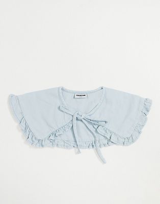 Noisy May denim frill detail tie collar in bleached blue-Blues