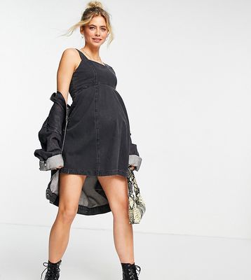 ASOS DESIGN Maternity soft denim mini pinafore dress in washed black
