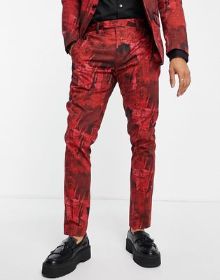 Twisted Tailor Cates skinny suit pants in burgundy abstract print-Red