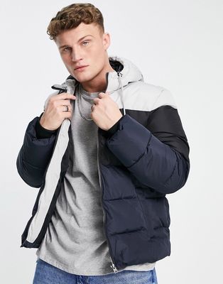 Only & Sons hooded puffer jacket in navy and gray-Multi