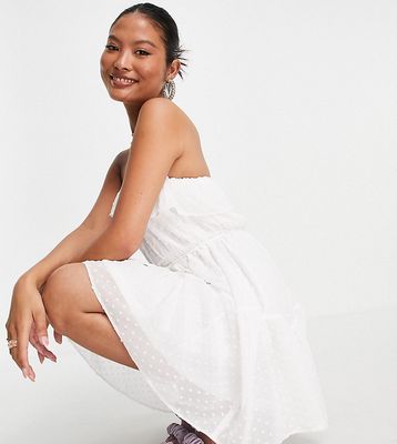 ASOS DESIGN Petite ruffle bandeau mini skater dress with belt in textured in ivory-White