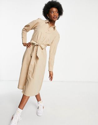 Selected Femme linen midi dress with tie waist detail in beige-Neutral