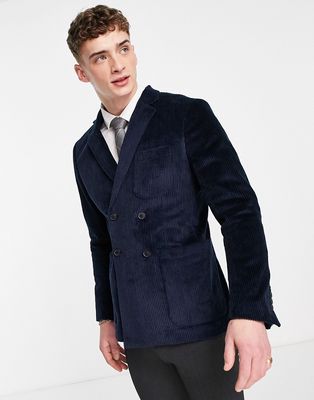 Selected Homme double breasted blazer in navy corduroy