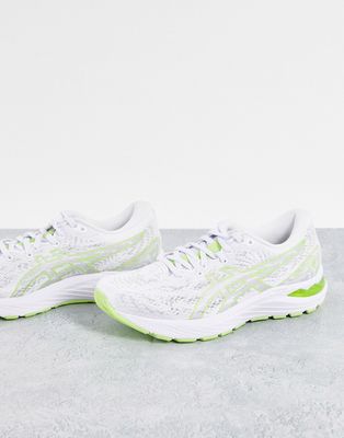 Asics Gel-Cumulus 23 running sneakers in white and lime green