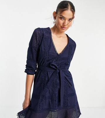 White Sand cotton lace trim mini dress in navy