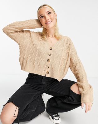 In The Style x Perrie Sian contrast cable knit cardi in chocolate-Brown