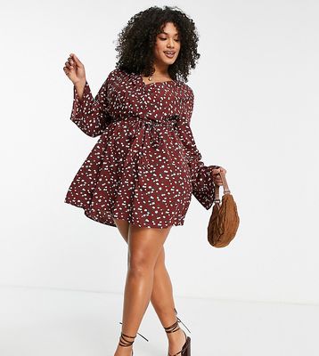 In The Style Plus x Billie Faiers pleated wrap front skater dress in brown floral print-Multi