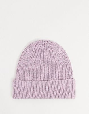 ASOS DESIGN fisherman rib beanie hat in recycled polyester in lilac-Purple