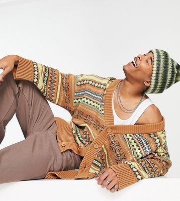 Reclaimed Vintage inspired granddad cardigan in brown-Multi