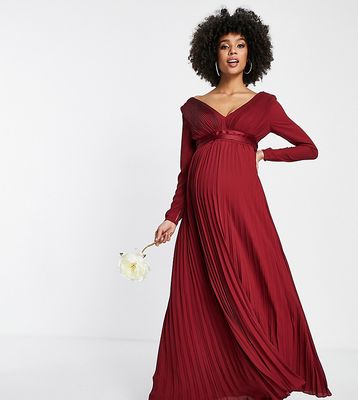 ASOS DESIGN Maternity Bridesmaid pleated long sleeve maxi dress with satin waist in burgundy-Red