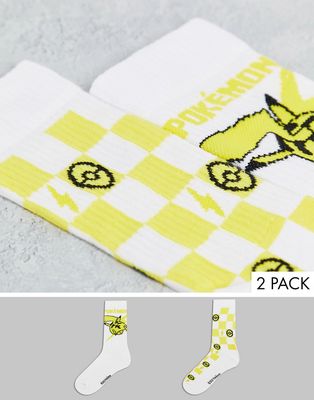 ASOS DESIGN 2 pack Pokemon sports socks with checkerboard Pikachu-White