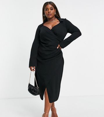 ASOS DESIGN Curve 70s drape front wrap midi dress in black