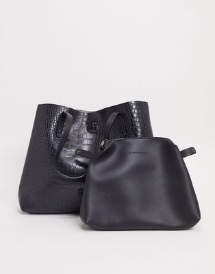Claudia Canova unlined a-line tote bag with removable pouch in black croc