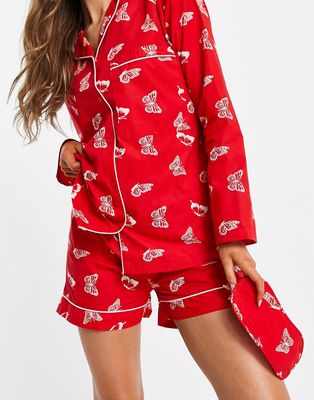 Daisy Street long sleeve shirt and shorts pajama set with eye mask in butterfly print-Red