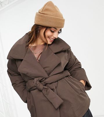ASOS DESIGN Petite belted puffer jacket in brown