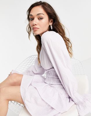 Violet Romance tiered mini dress in lilac gingham-Purple