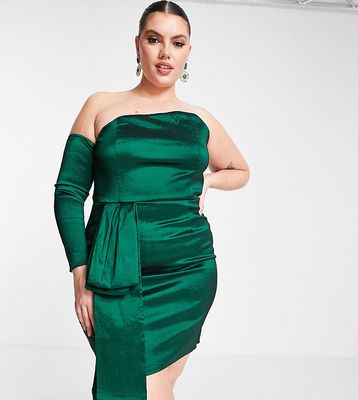 Collective the Label Curve exclusive one sleeve bow mini dress in emerald green