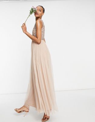 Maya Bridesmaid 2 in 1 maxi tulle dress with tonal delicate sequins in taupe blush-Pink