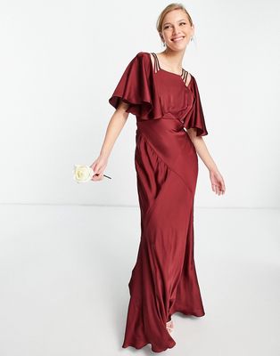 ASOS EDITION satin flutter sleeve maxi dress with strap details in wine-Red