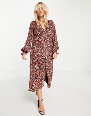 In The Style x Olivia Bowen v neck button through midi dress in red animal print-Multi
