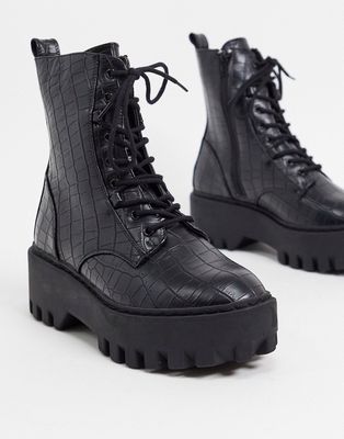 Truffle Collection chunky lace up boots in black