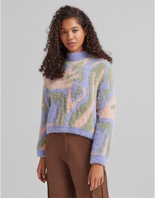 Bershka retro print fluffy sweater in multi