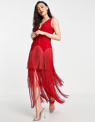 ASOS DESIGN dropped waist corset mesh fringe midi dress in red