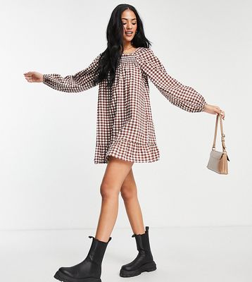 Influence Tall long sleeve mini gingham smock dress in brown