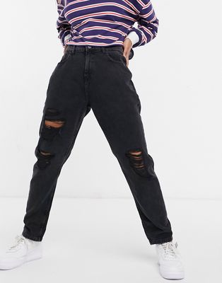 Noisy May ripped high waist mom jeans in washed black
