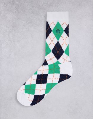 ASOS DESIGN argyle sports sock with happy face embroidery-Multi