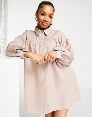 In The Style x Perrie Sian button through shirt dress in taupe-Neutral