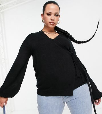 ASOS DESIGN Curve knit wraparound waist cardigan with balloon sleeves in black