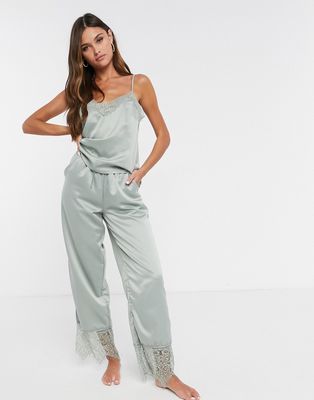 Loungeable satin lace pajama pants in sage green